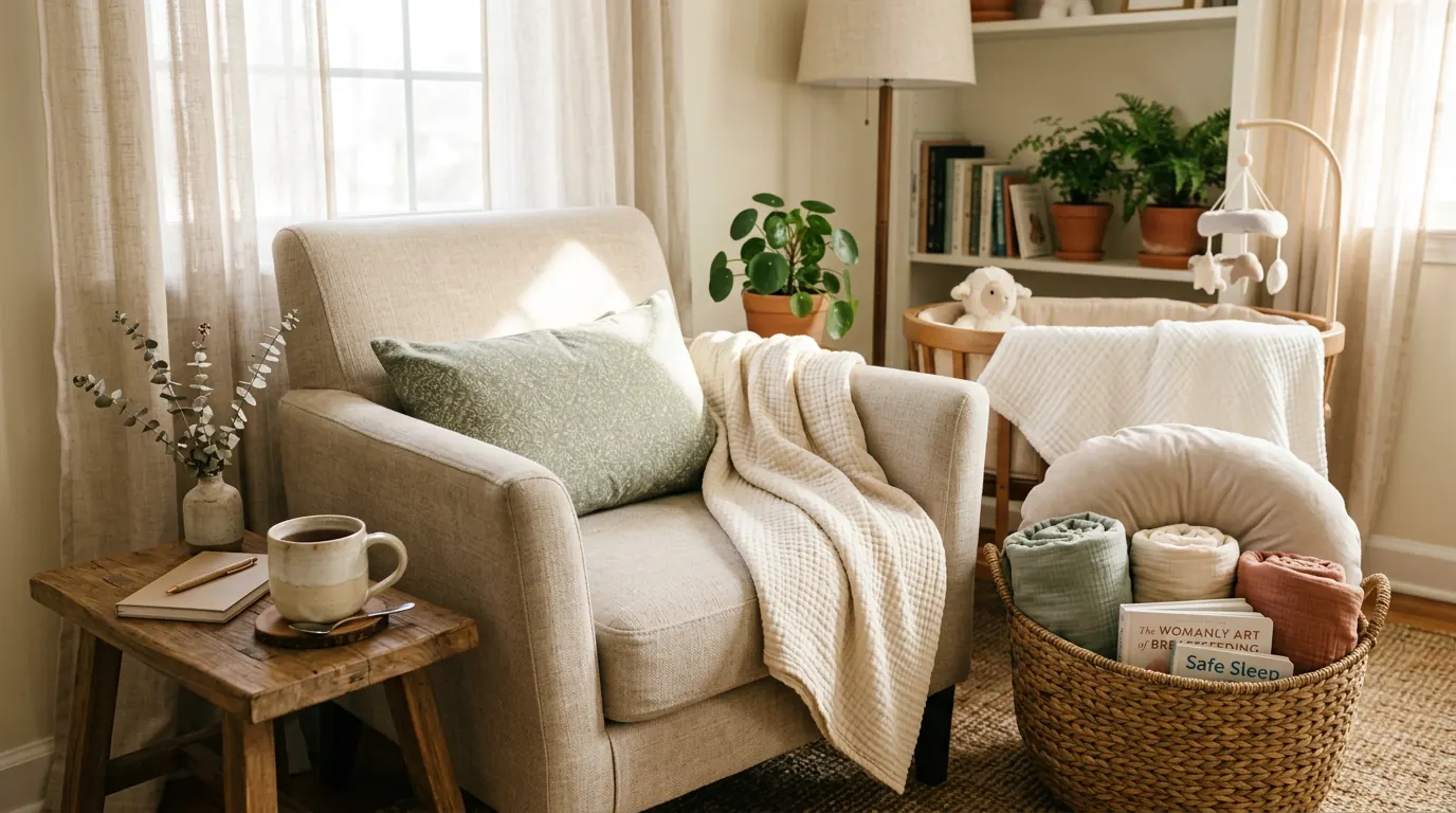 A sunlit corner with a soft linen chair, folded blankets, and a ceramic mug of tea, suggesting a calm, welcoming consultation setting.