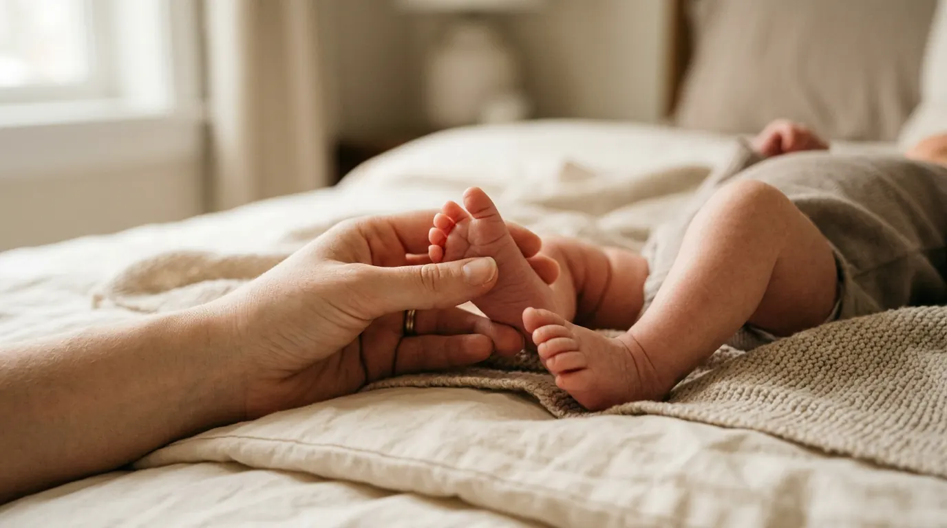 A close-up of a caregiver’s hand gently cradling a newborn’s tiny foot on soft linen, showing tender connection.