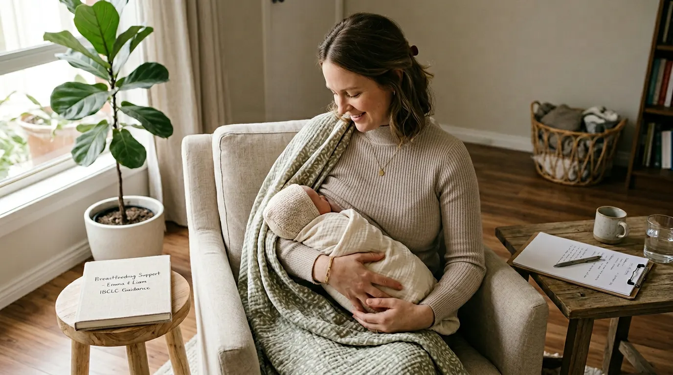 A mother seated in a cozy neutral-toned chair cradling her swaddled baby, with a consultant’s notebook on a nearby table.