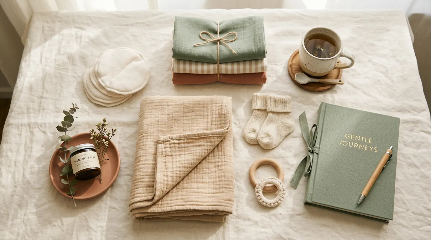 A calm overhead flat lay of newborn and feeding essentials, including a muslin swaddle, nursing pads, baby socks, a teething ring, and a notebook.